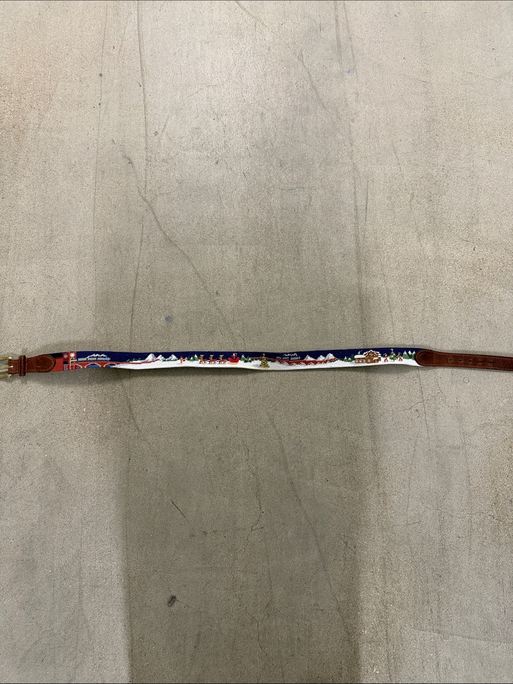 Embroidered Holiday Scene Belt in Navy, White and Red
